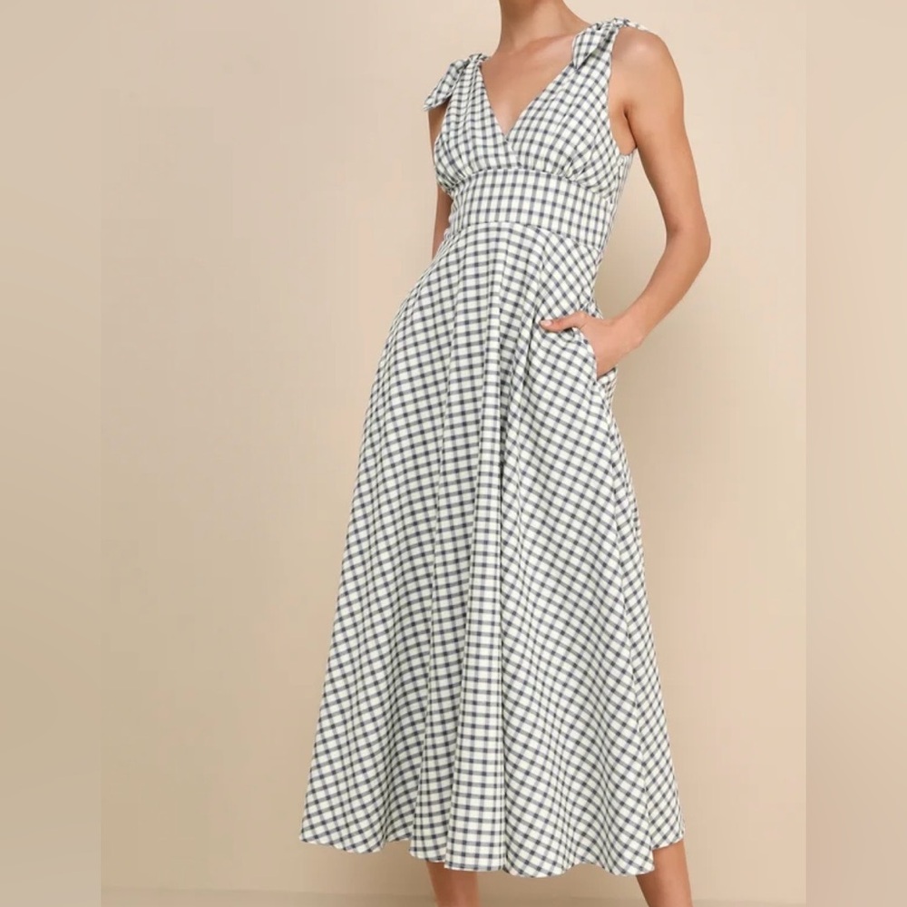 Lulu's Black and White Gingham Tie-Shoulder Maxi Dress
